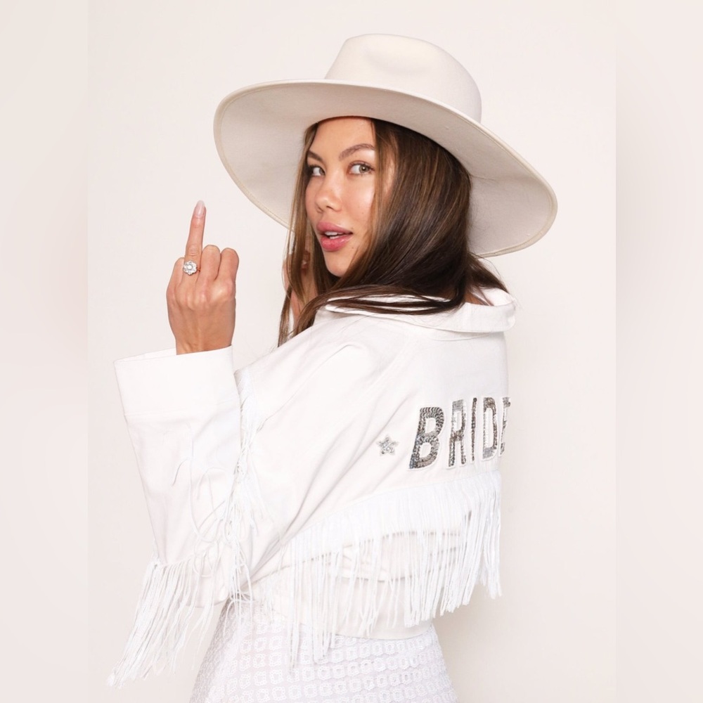 REVOLVE White Fringed 'BRIDE' Jean Jacket